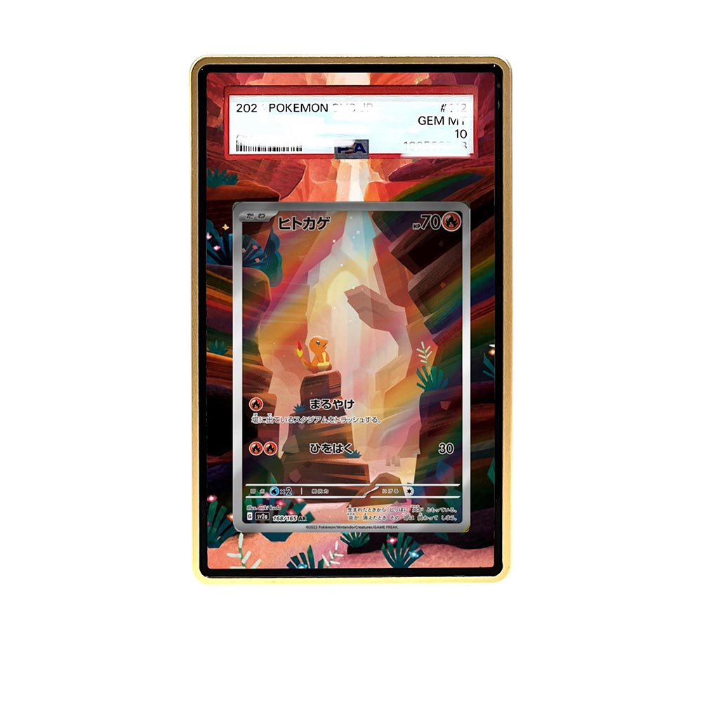 151 Charmander AR card shown in a KAMI KAMI single graded card case with UV-printed original art