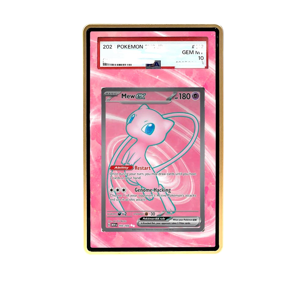 151 Mew SR card shown in a KAMI KAMI single graded card case with UV-printed original art