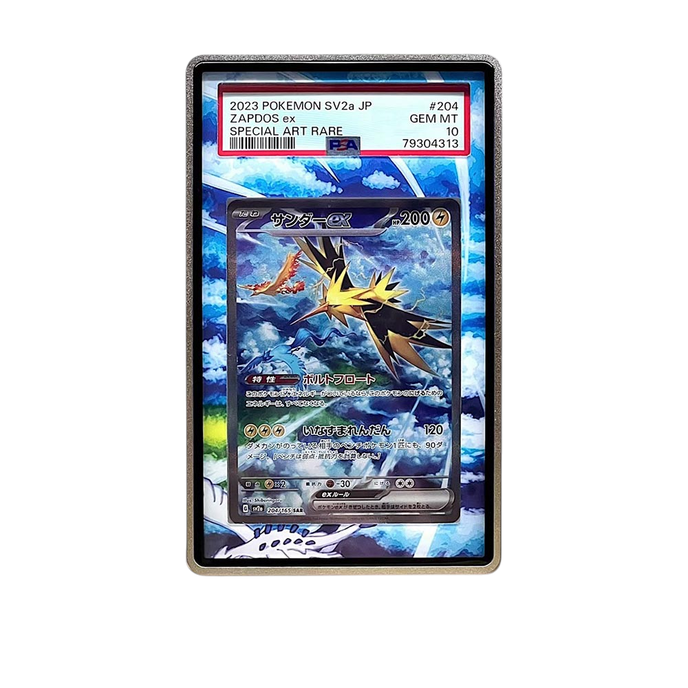 151 Zapdos card shown in a KAMI KAMI single graded card case with UV-printed original art