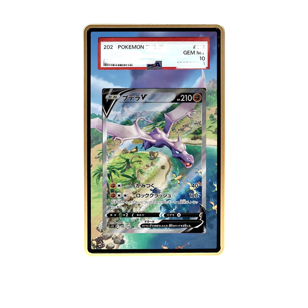 Aerodactyl V card shown in a KAMI KAMI single graded card case with UV-printed original art