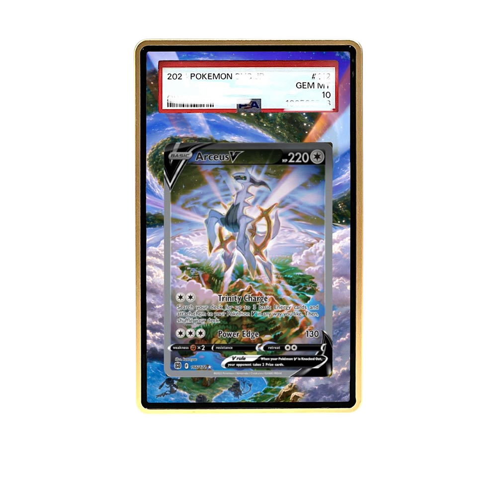 Arceus V card shown in a KAMI KAMI single graded card case with UV-printed original art