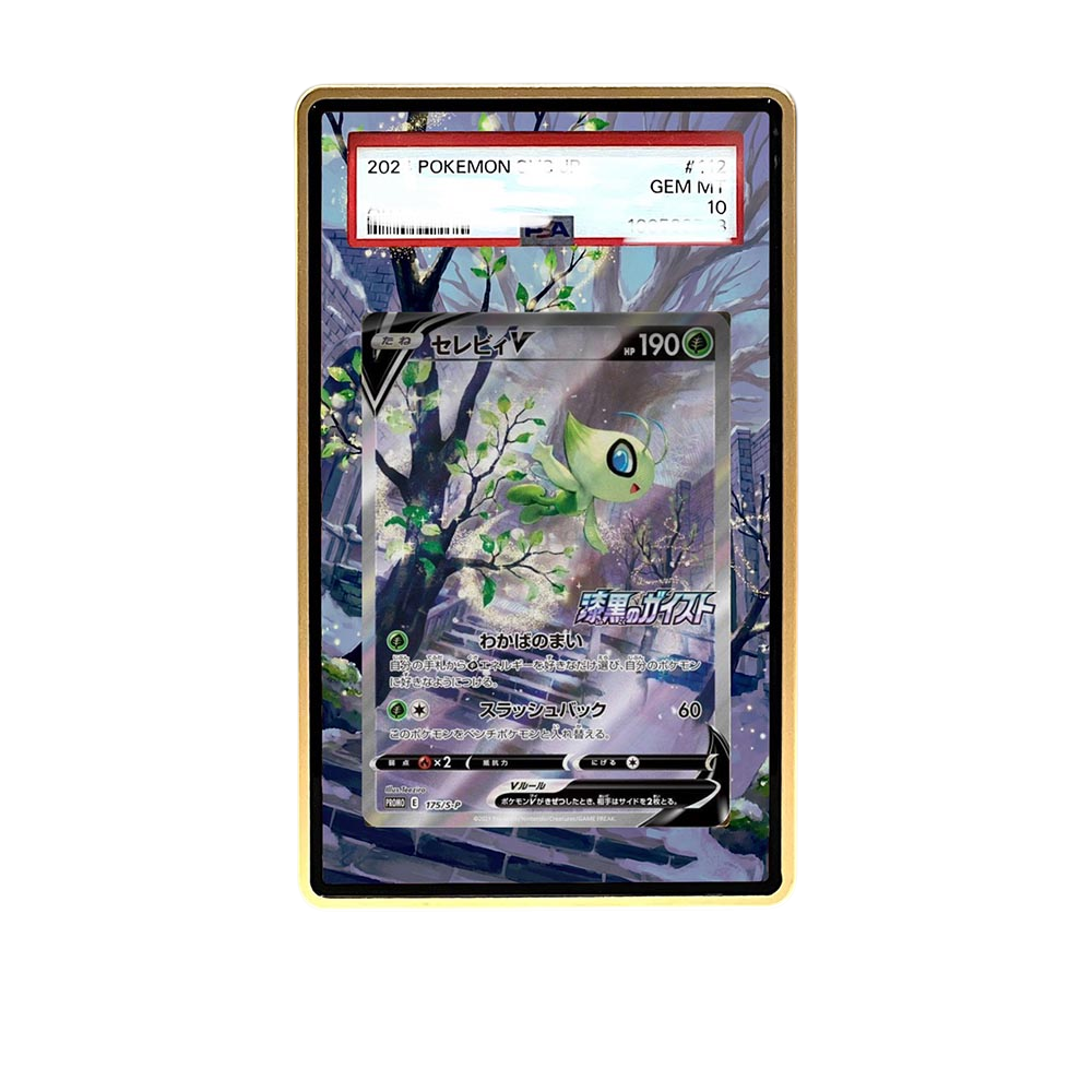 Celebi V card shown in a KAMI KAMI single graded card case with UV-printed original art