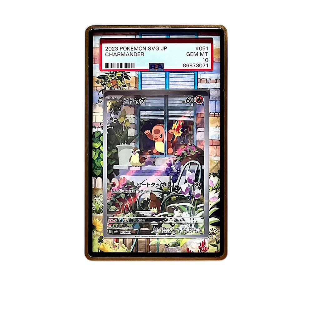 Charmander Promo card shown in a KAMI KAMI single graded card case with UV-printed original art