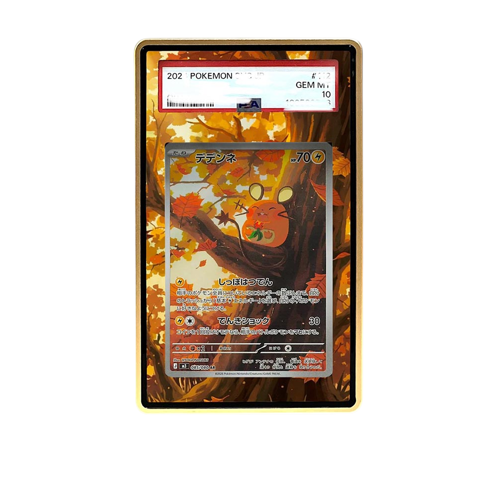 Dedenne AR card shown in a KAMI KAMI single graded card case with UV-printed original art