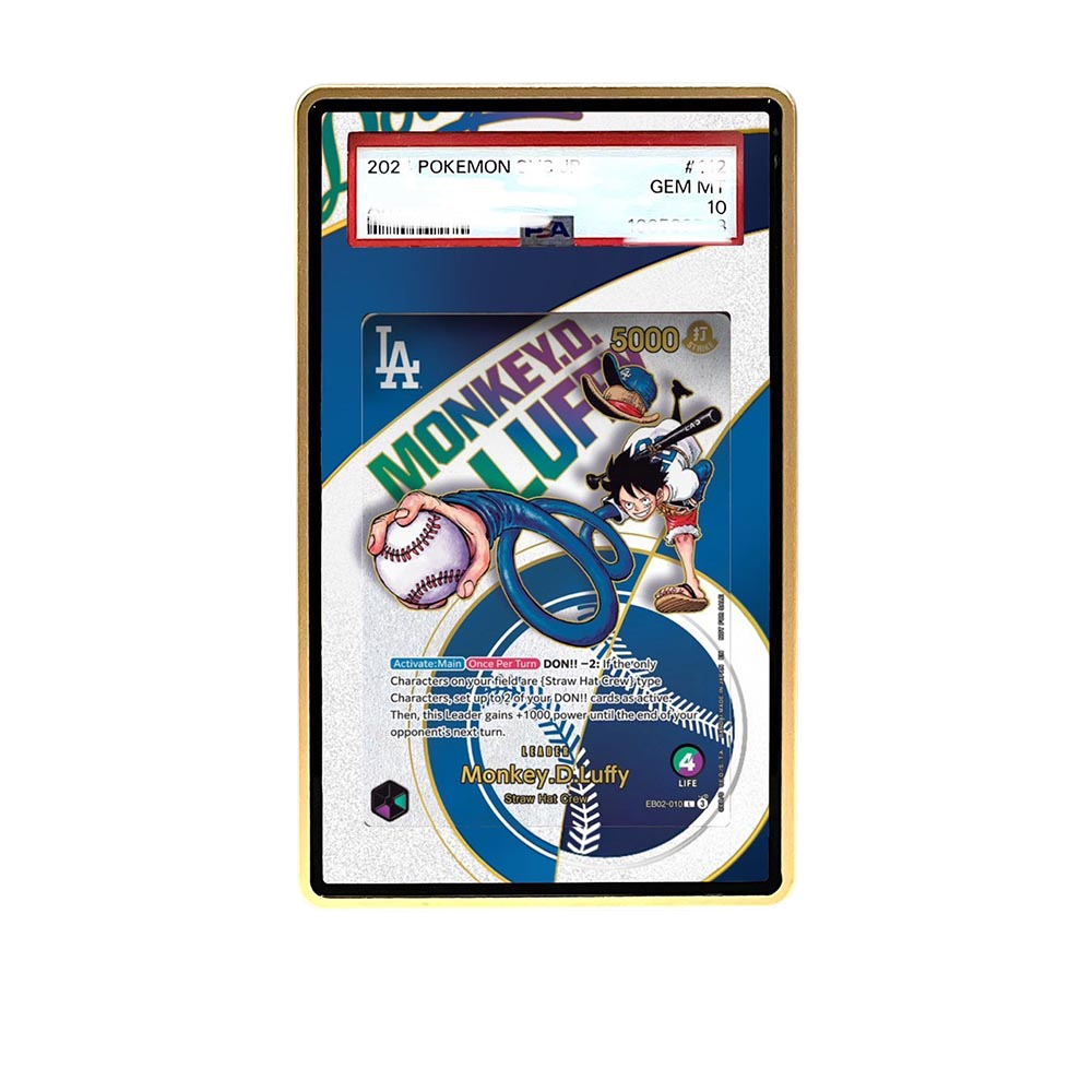 Dodger Luffy card shown in a KAMI KAMI single graded card case with UV-printed original art