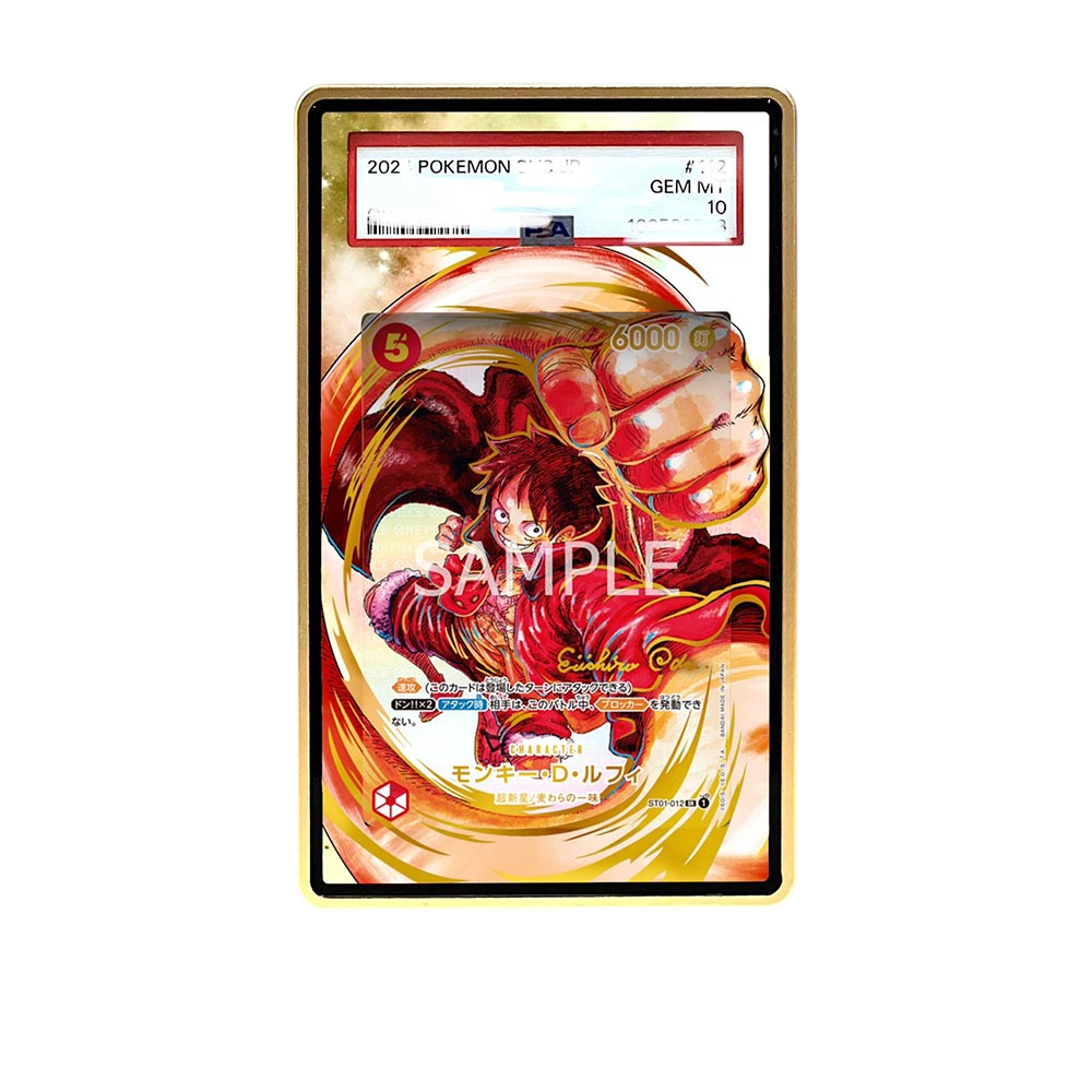 Eiichiro Oda Luffy card shown in a KAMI KAMI single graded card case with UV-printed original art