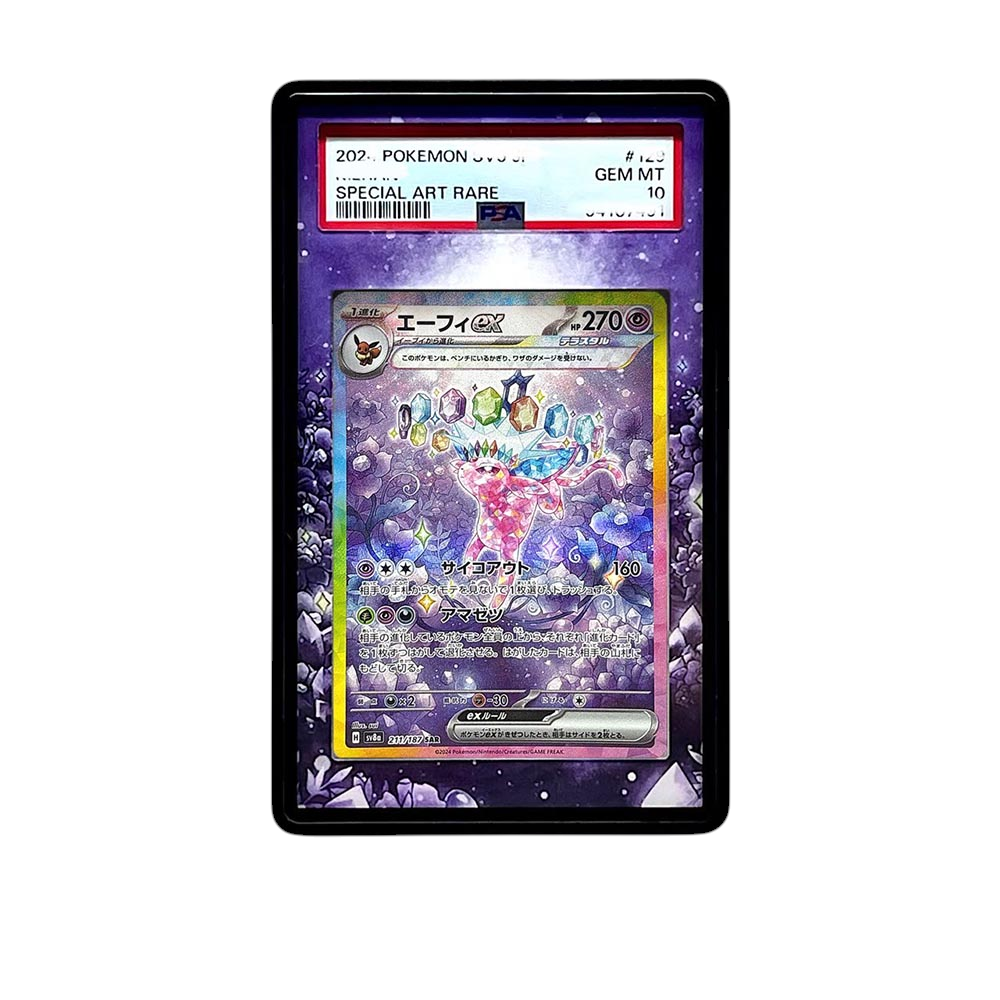 Espeon SAR card shown in a KAMI KAMI single graded card case with UV-printed original art
