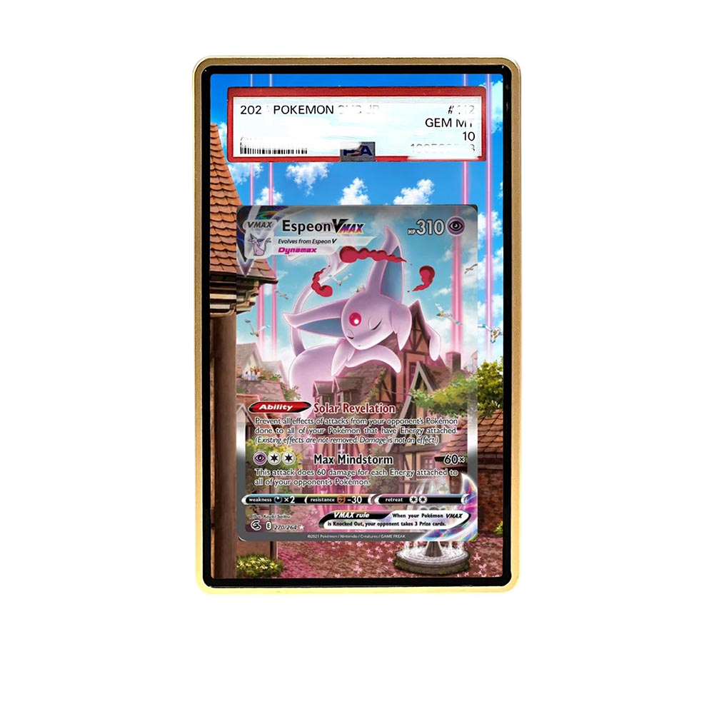 Espeon VMAX card shown in a KAMI KAMI single graded card case with UV-printed original art