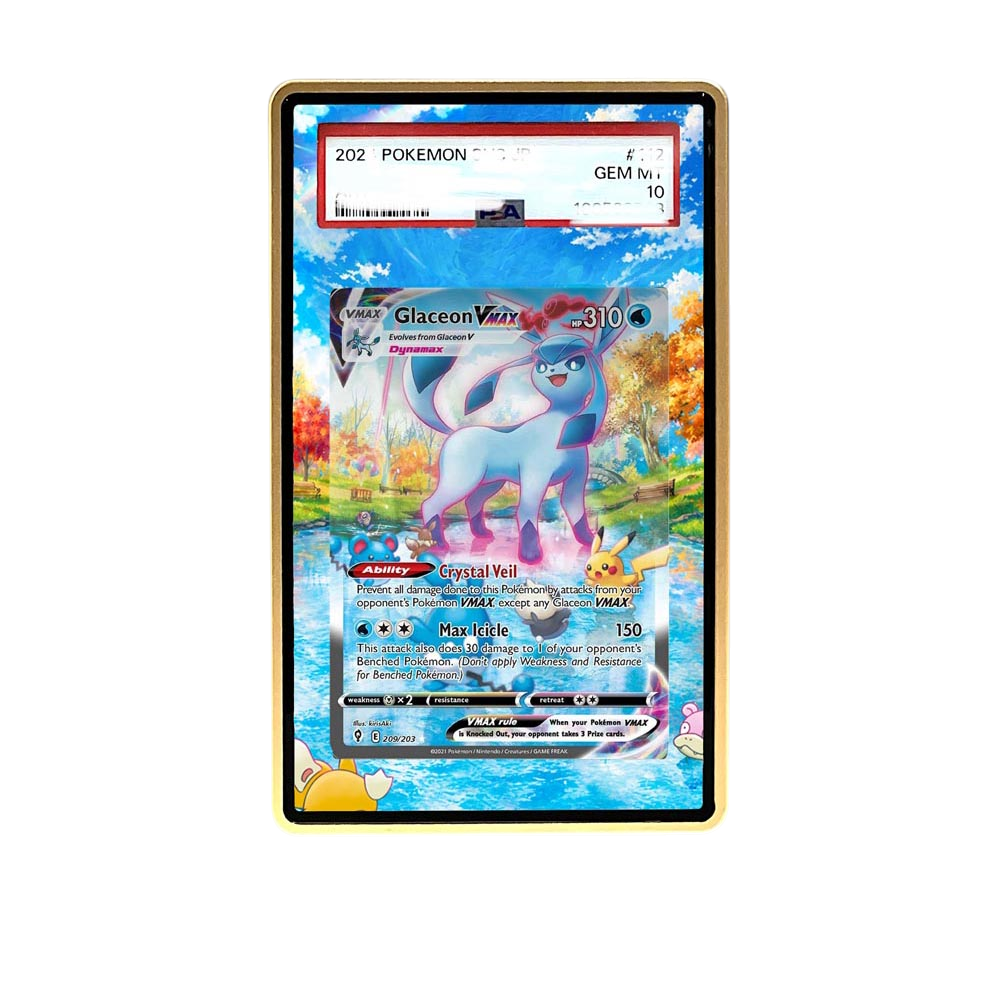 Glaceon VMAX card shown in a KAMI KAMI single graded card case with UV-printed original art