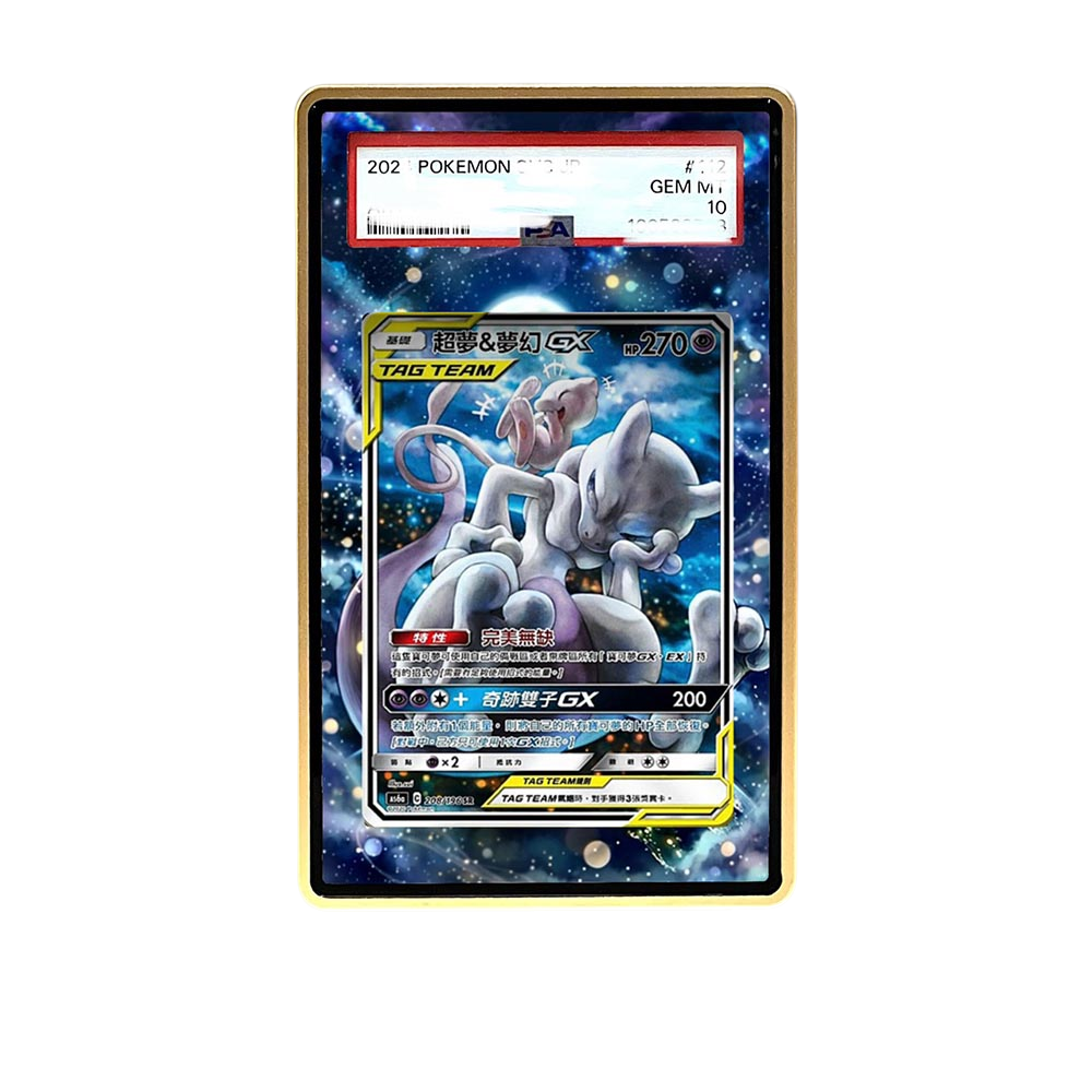 Headache Mewtwo card shown in a KAMI KAMI single graded card case with UV-printed original art