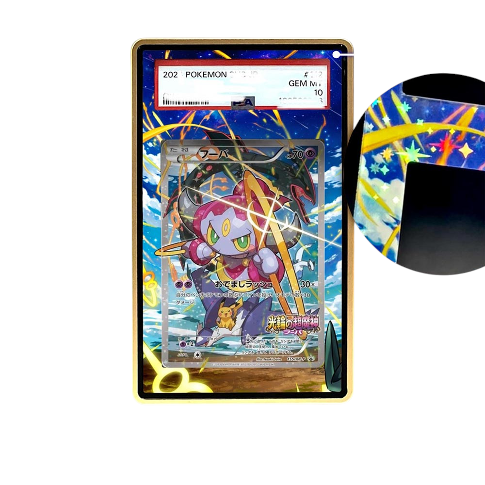 Hoopa Promo Star card shown in a KAMI KAMI single graded card case with UV-printed original art