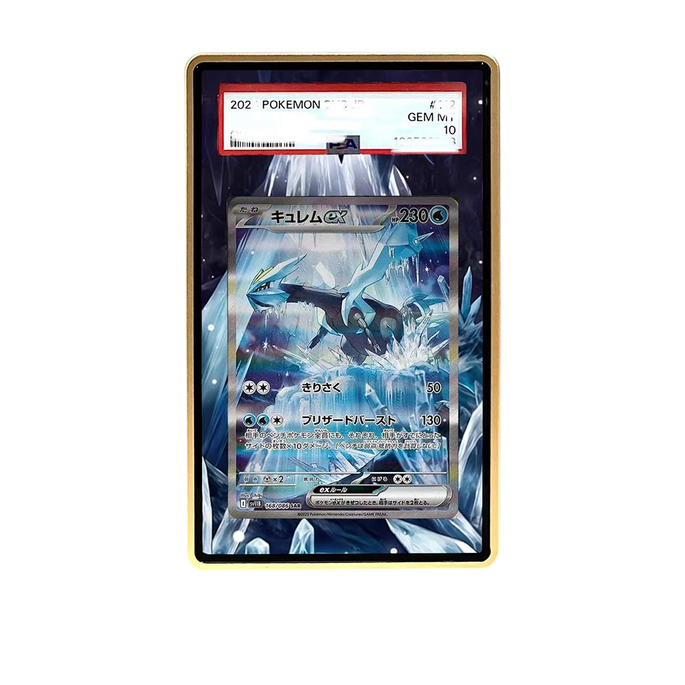 Kyurem SAR card shown in a KAMI KAMI single graded card case with UV-printed original art