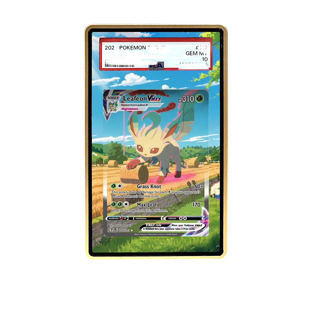 Leafeon VMAX card shown in a KAMI KAMI single graded card case with UV-printed original art