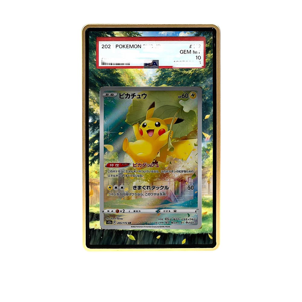 Lotus Pikachu card shown in a KAMI KAMI single graded card case with UV-printed original art