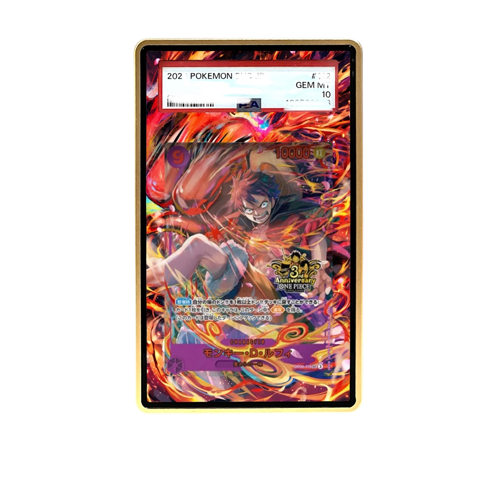 Luffy 3rd card shown in a KAMI KAMI single graded card case with UV-printed original art