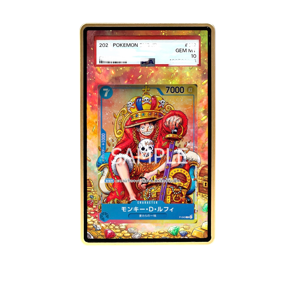 Luffy Throne card shown in a KAMI KAMI single graded card case with UV-printed original art
