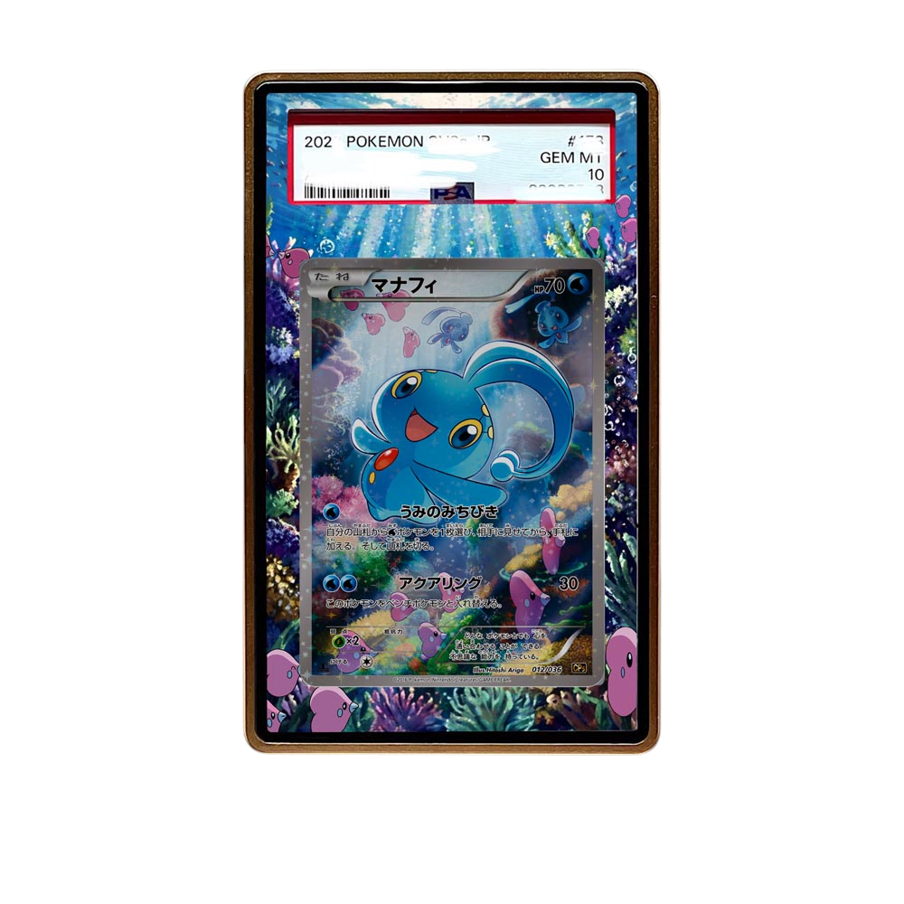 Manaphy CP6 card shown in a KAMI KAMI single graded card case with UV-printed original art