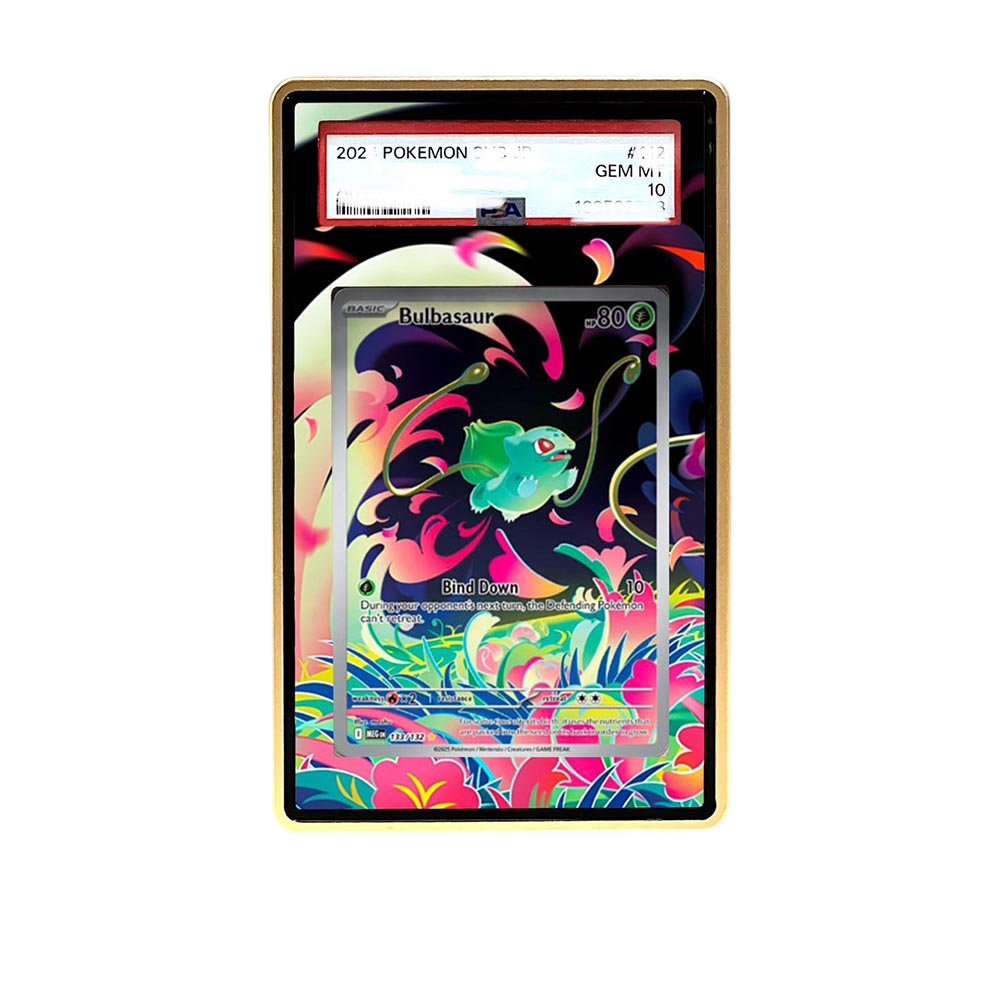 Mega Bulbasaur AR card shown in a KAMI KAMI single graded card case with UV-printed original art