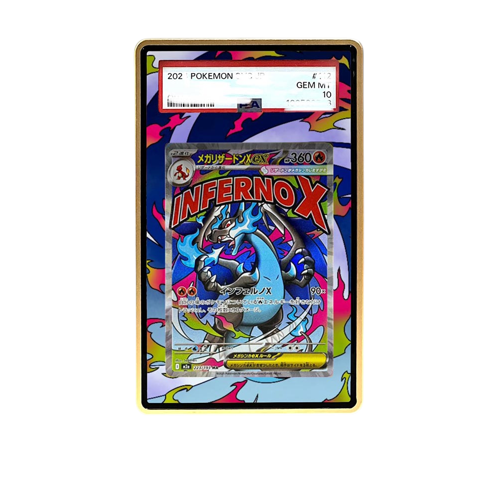 Mega Charizard MA card shown in a KAMI KAMI single graded card case with UV-printed original art