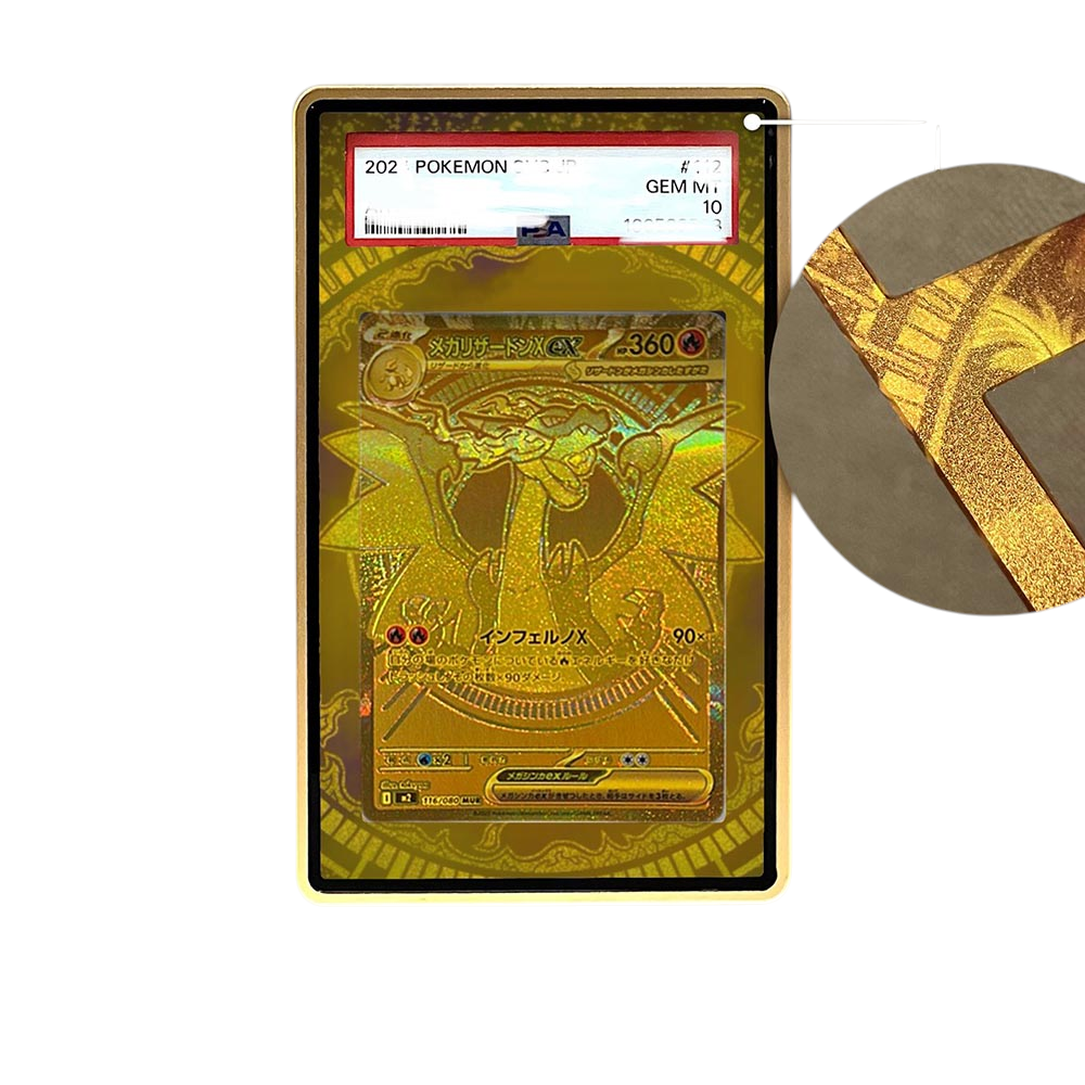 Mega Charizard MUR Gold card shown in a KAMI KAMI single graded card case with UV-printed original art