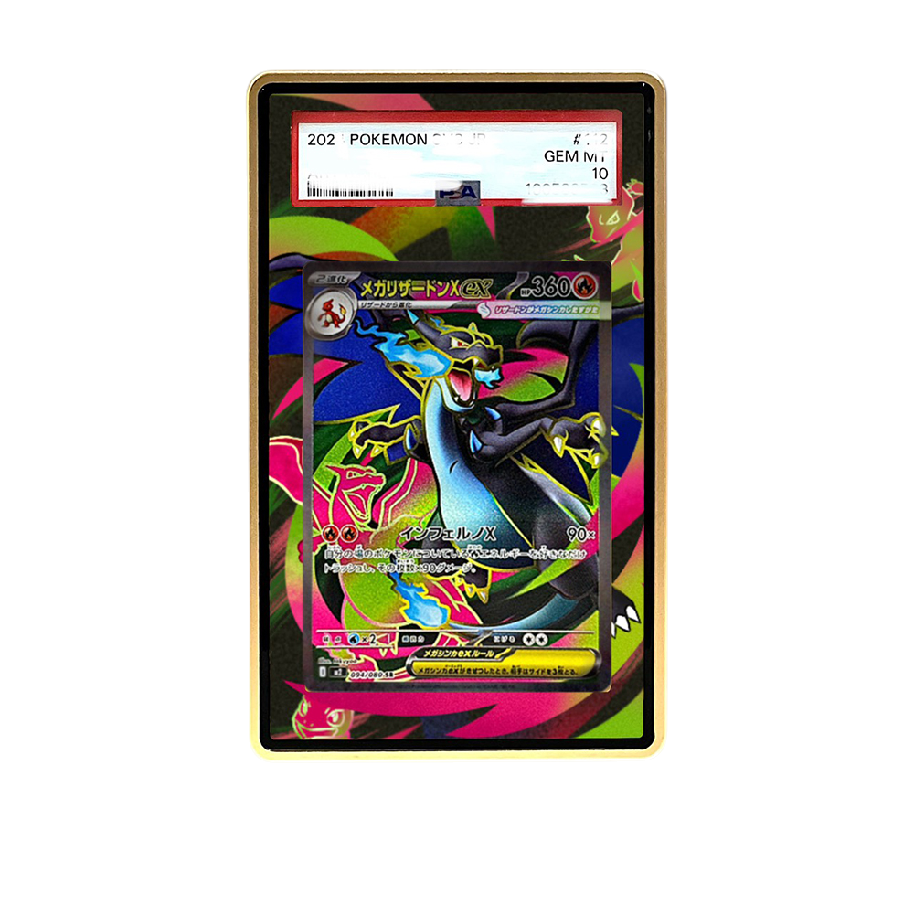 Mega Charizard SR card shown in a KAMI KAMI single graded card case with UV-printed original art