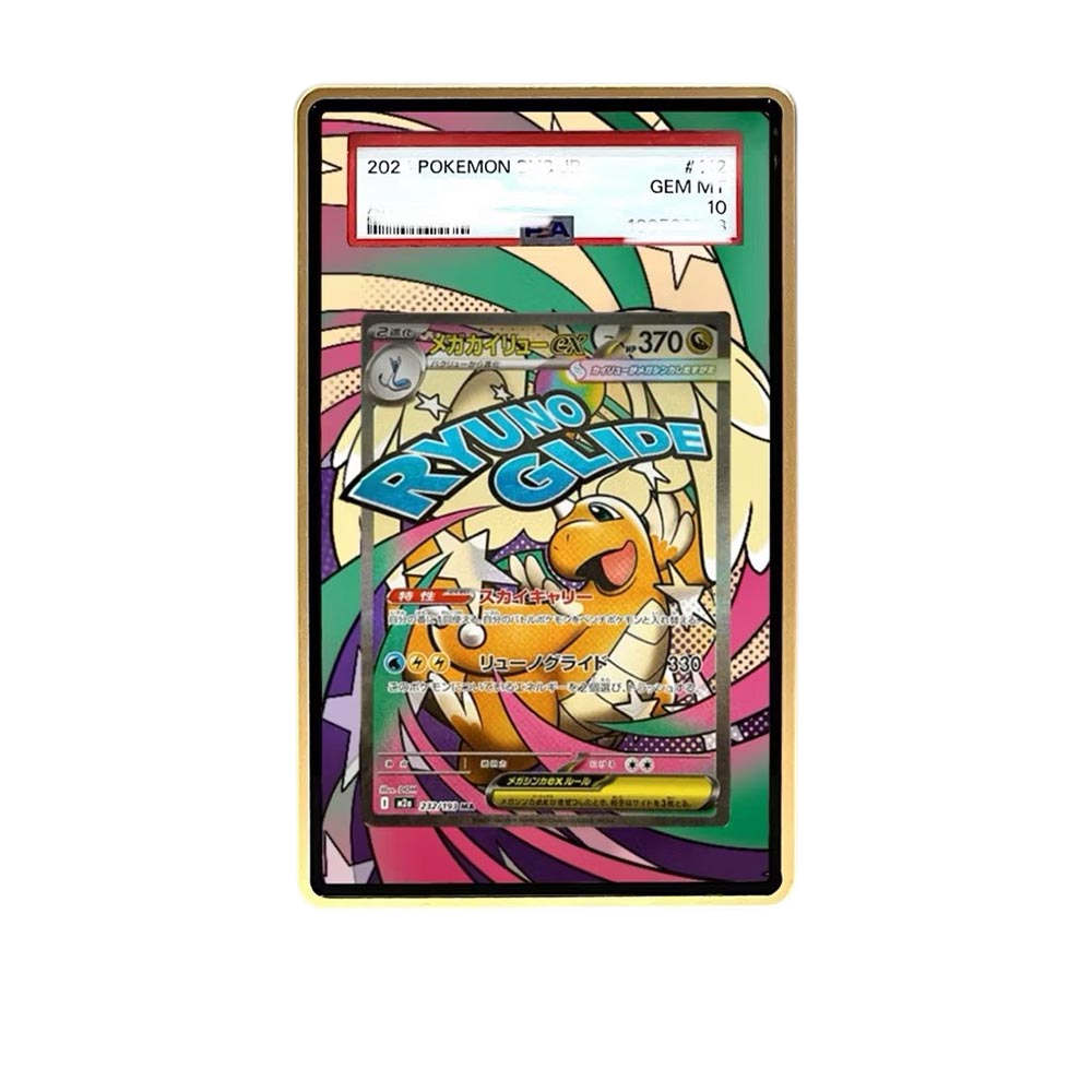 Mega Dragonite MA card shown in a KAMI KAMI single graded card case with UV-printed original art