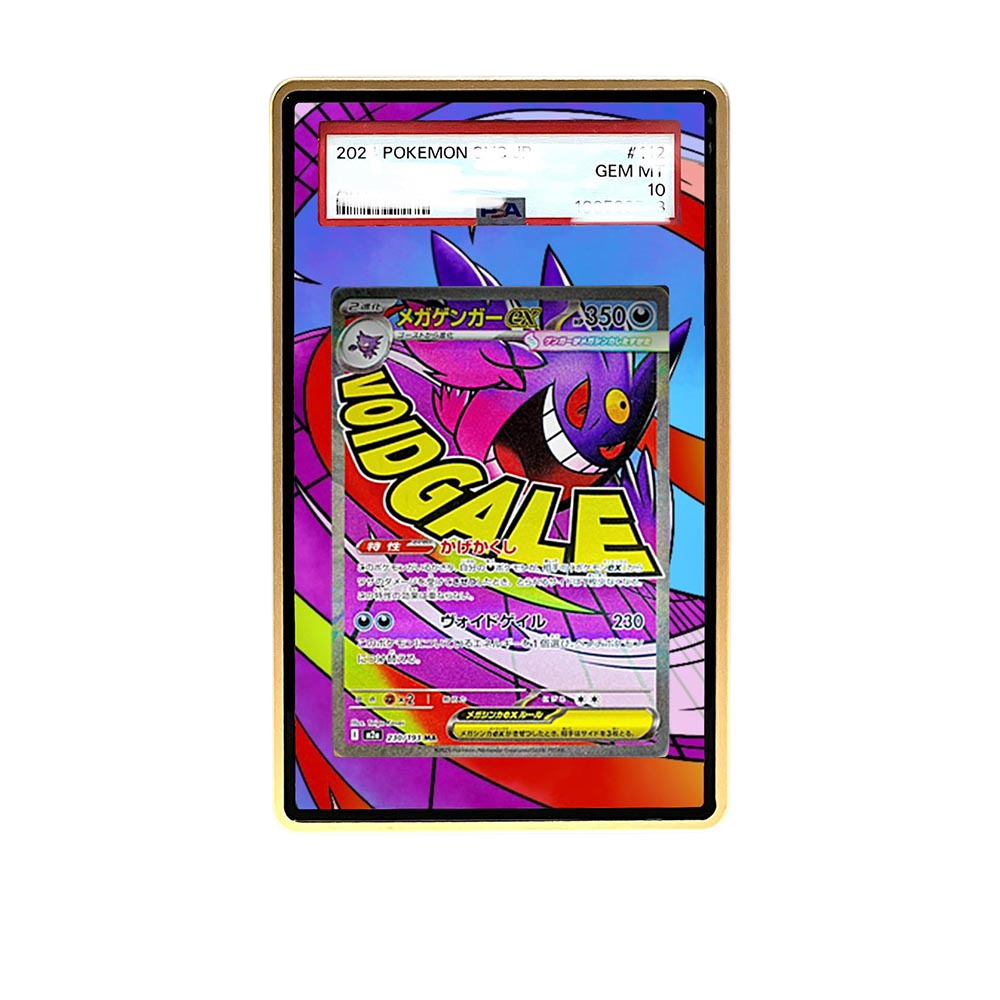 Mega Gengar MA card shown in a KAMI KAMI single graded card case with UV-printed original art