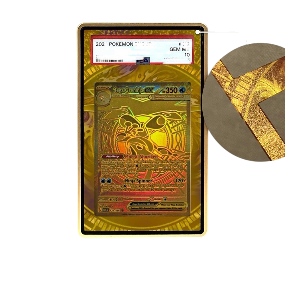 Mega Greninja MUR Gold card shown in a KAMI KAMI single graded card case with UV-printed original art