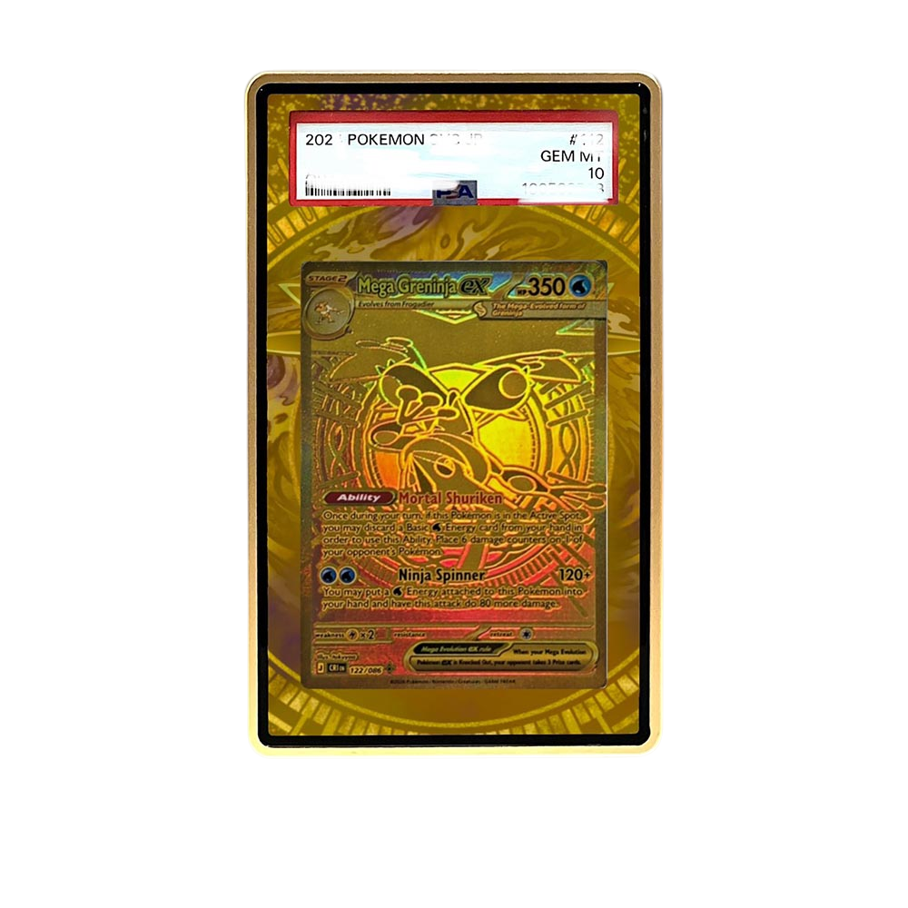 Mega Greninja MUR card shown in a KAMI KAMI single graded card case with UV-printed original art