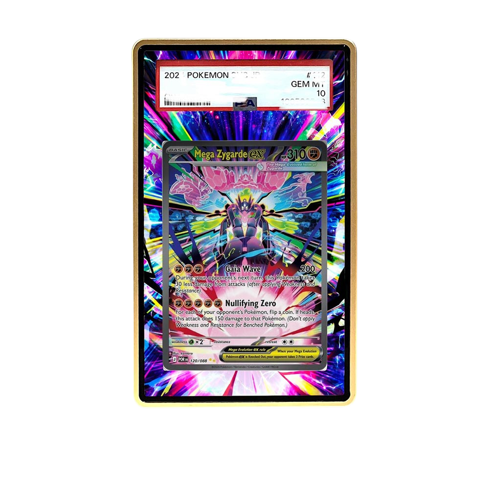 Mega Zygarde SAR card shown in a KAMI KAMI single graded card case with UV-printed original art