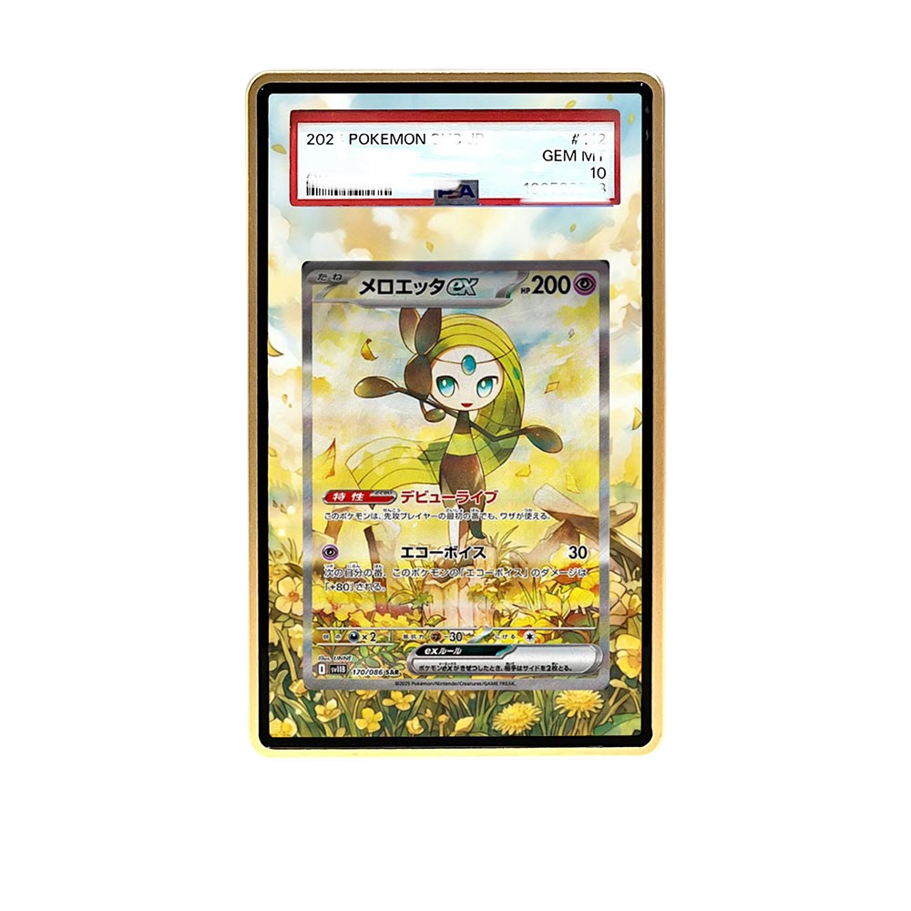 Meloetta SAR card shown in a KAMI KAMI single graded card case with UV-printed original art