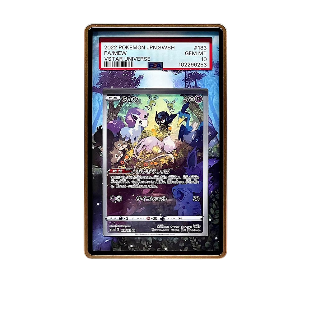 Mew AR card shown in a KAMI KAMI single graded card case with UV-printed original art