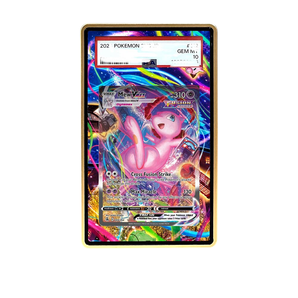 Mew VMAX card shown in a KAMI KAMI single graded card case with UV-printed original art