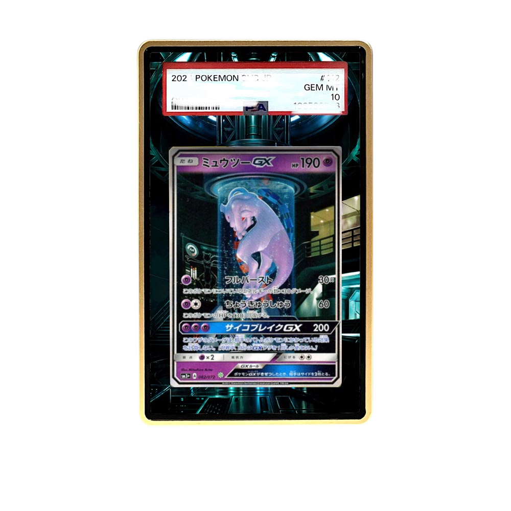 Mewtwo GX card shown in a KAMI KAMI single graded card case with UV-printed original art