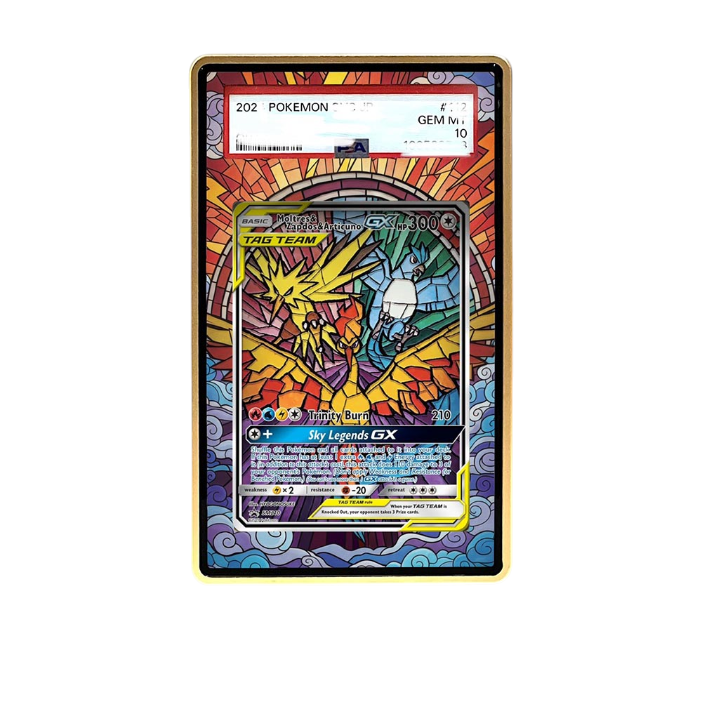 Moltres Zapdos Articuno card shown in a KAMI KAMI single graded card case with UV-printed original art