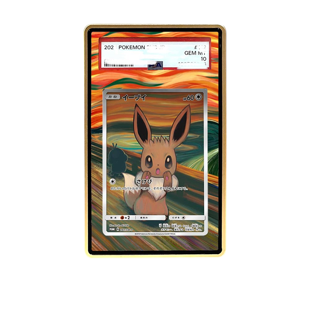 Munch Eevee card shown in a KAMI KAMI single graded card case with UV-printed original art