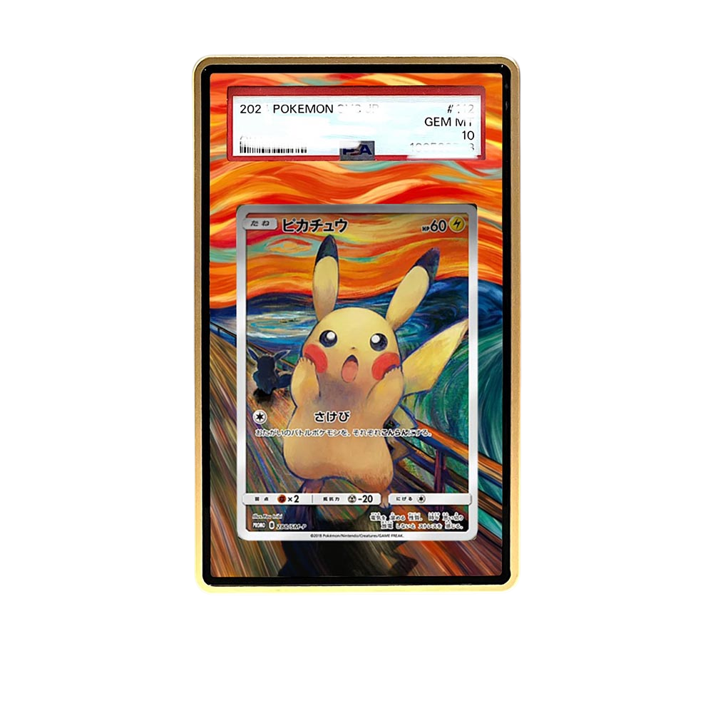 Munch Pikachu card shown in a KAMI KAMI single graded card case with UV-printed original art