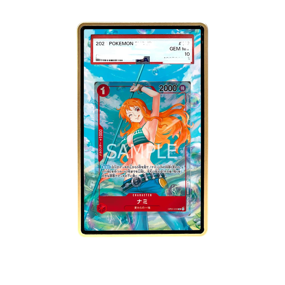 Nami OP01 card shown in a KAMI KAMI single graded card case with UV-printed original art
