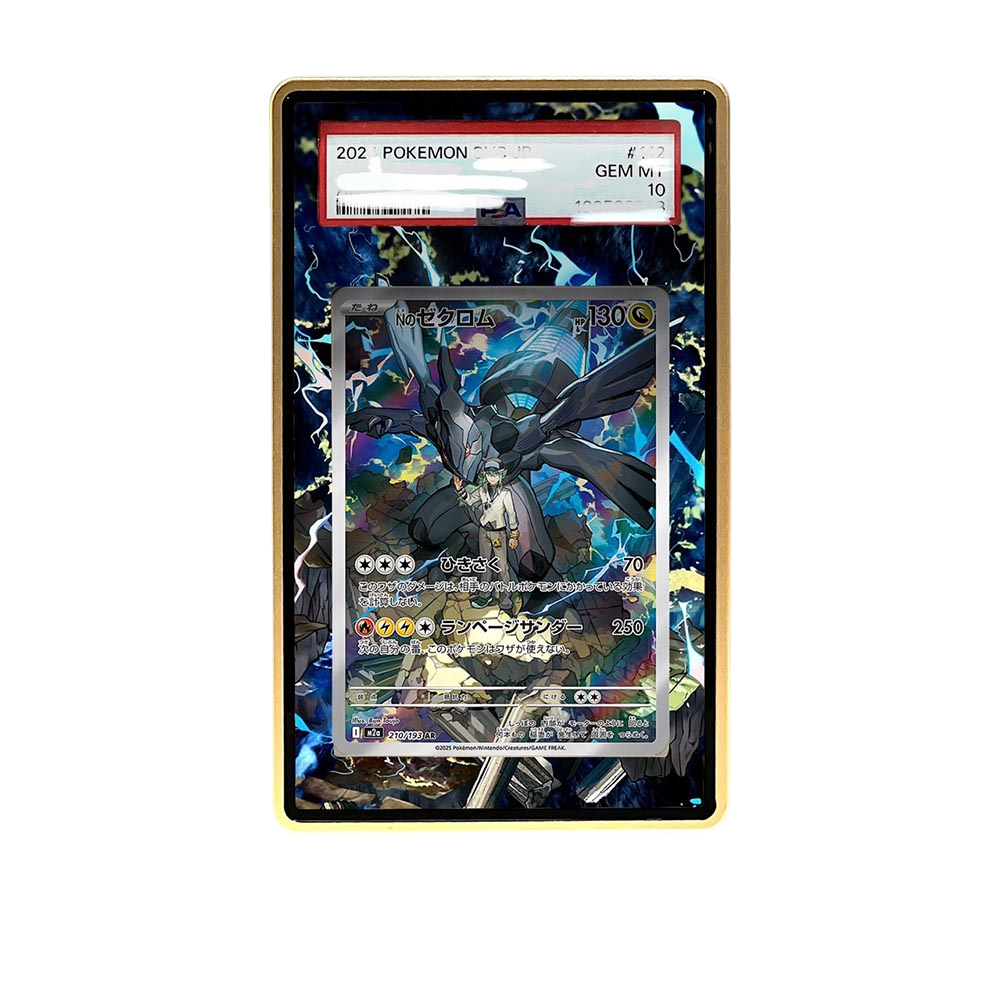 N's Zekrom card shown in a KAMI KAMI single graded card case with UV-printed original art
