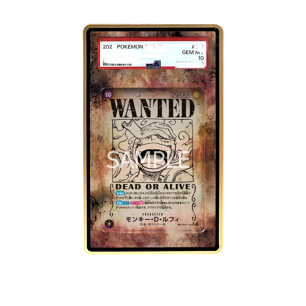 One Piece Wanted card shown in a KAMI KAMI single graded card case with UV-printed original art