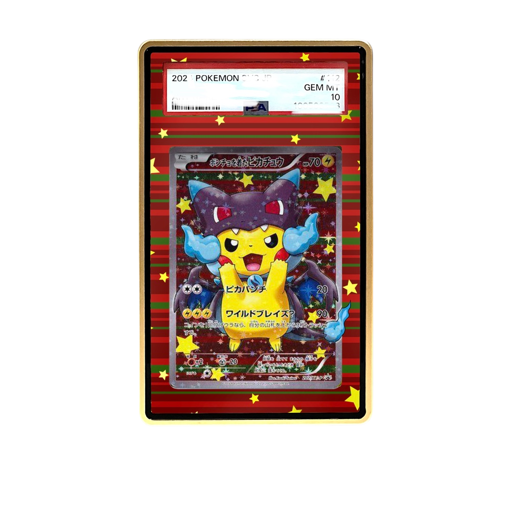 Pikachu Charizard X card shown in a KAMI KAMI single graded card case with UV-printed original art