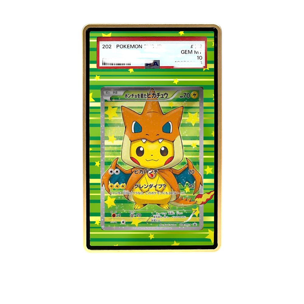 Pikachu Charizard Y card shown in a KAMI KAMI single graded card case with UV-printed original art