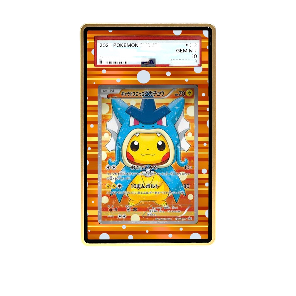 Pikachu Gyarados card shown in a KAMI KAMI single graded card case with UV-printed original art