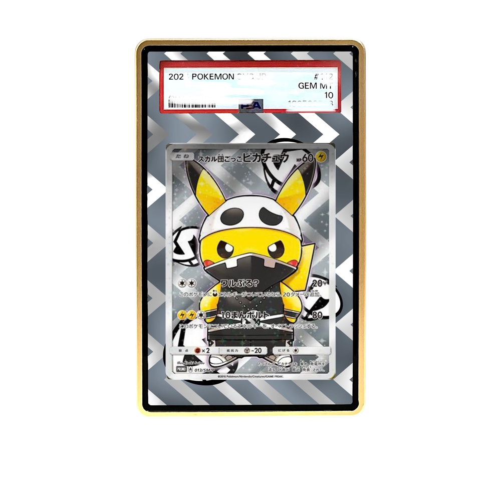 Pikachu Skull card shown in a KAMI KAMI single graded card case with UV-printed original art