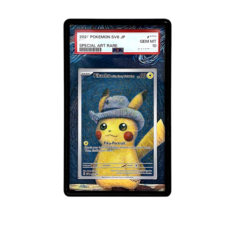 Pikachu Van Gogh card shown in a KAMI KAMI single graded card case with UV-printed original art