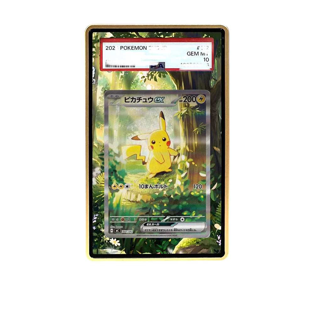 Preconstructed Pikachu card shown in a KAMI KAMI single graded card case with UV-printed original art