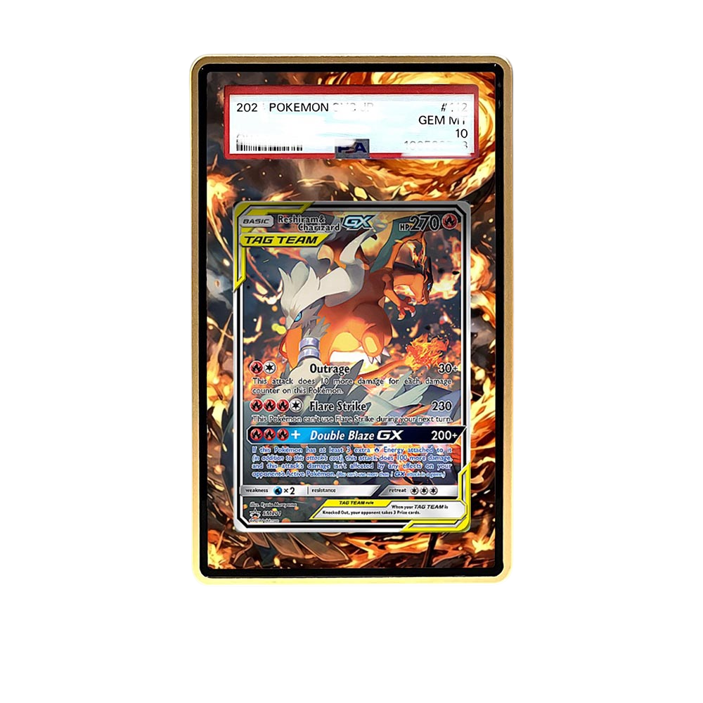 Reshiram & Charizard SR card shown in a KAMI KAMI single graded card case with UV-printed original art