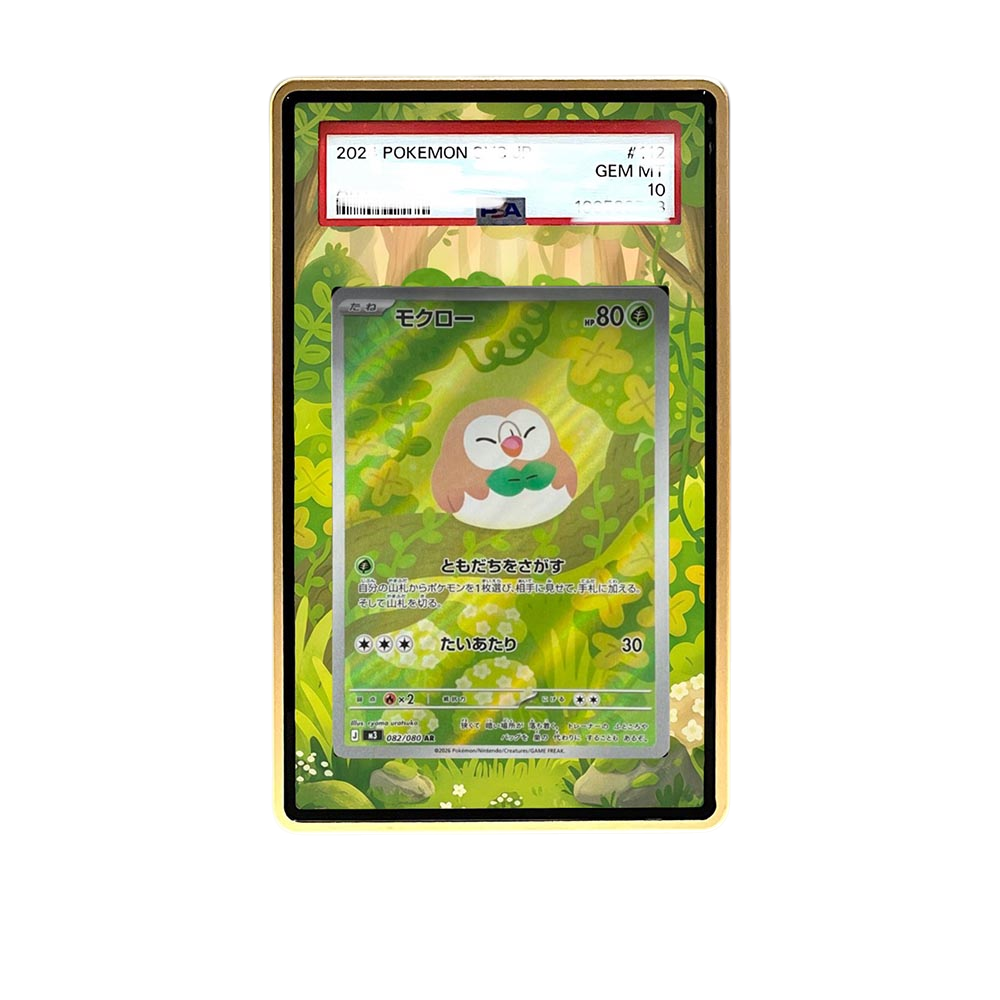 Rowlet AR card shown in a KAMI KAMI single graded card case with UV-printed original art