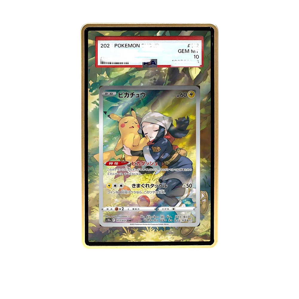 Sleeping Pikachu card shown in a KAMI KAMI single graded card case with UV-printed original art