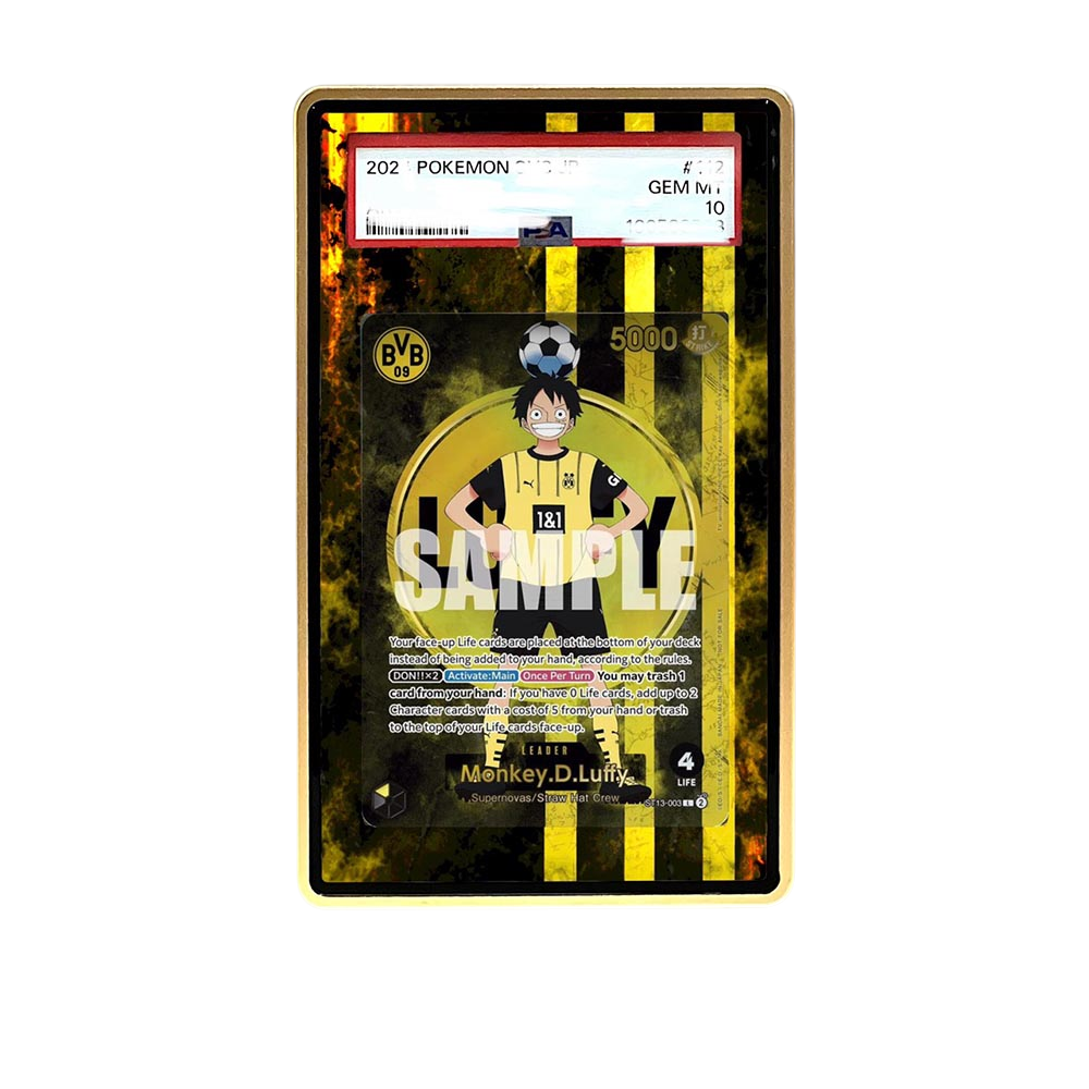 Soccer Luffy card shown in a KAMI KAMI single graded card case with UV-printed original art